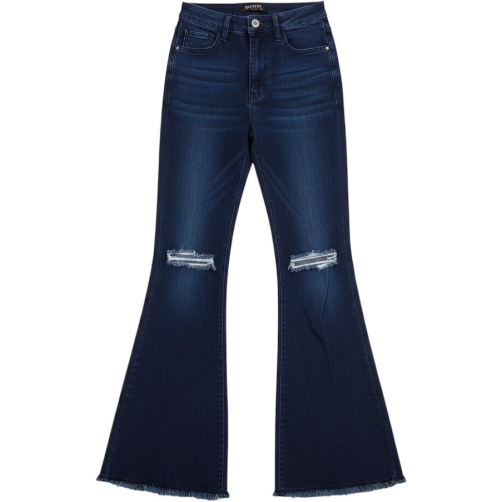 Swank A Posh Jeans M Distressed Flare Dark Wash Ripped Knee Frayed Hem 7538